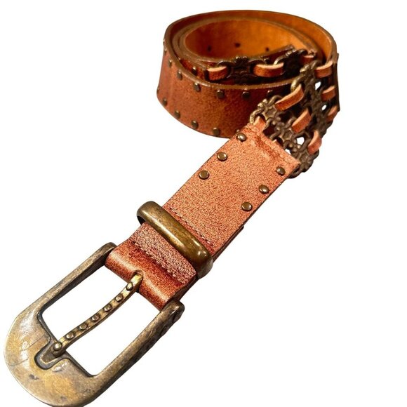 LeatheRock Leather Studded Western Belt Interlocking Chain Links Y2K Boho - Picture 1 of 16